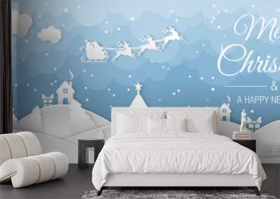 Winter christmas landscape with houses and trees. Merry christmas and happy new year. Santa claus sleigh in the night sky with stars. Vector paper and crafts art Wall mural