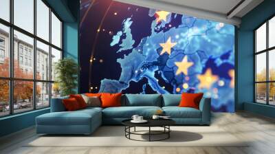 Abstract map of the European Union with stars representing each country in blue and gold or yellow colors Wall mural