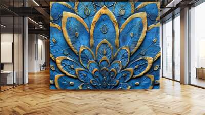 Blue and gold peacock pattern on the wooden door. Abstract background for design.
 Wall mural