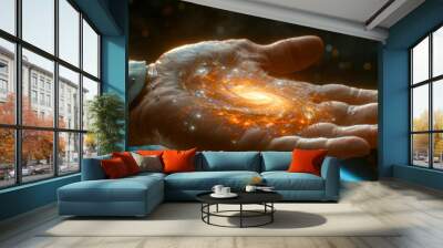 Man's hand with a glowing galaxy in the background.  Wall mural