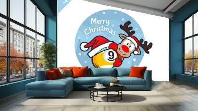 Billiard 9 ball santa hat with cartoon christmas deer logo vector Wall mural