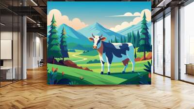 A cartoon cow stands in a verdant meadow with mountains in the background Wall mural