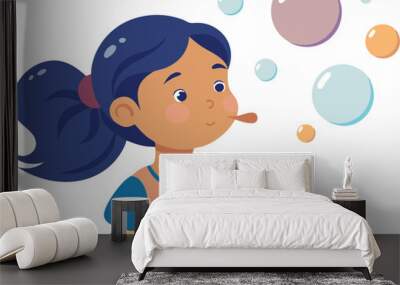 A girl blowing bubbles. The bubbles are in different colors and sizes. Concept of fun and playfulness Wall mural