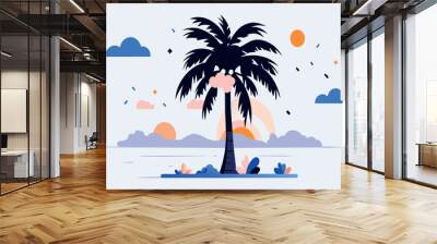 A lone palm tree stands on an island at sunset, surrounded by water Wall mural