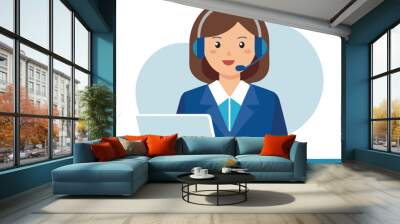 A woman wearing a headset is sitting at a desk with a laptop. She is smiling and she is happy Wall mural