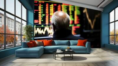 An old man looks at giant screens and follows the economy Wall mural