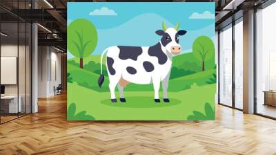 Cartoon cow standing in sunny, green countryside with trees and blue sky Wall mural