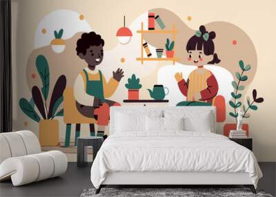 Cartoon illustration of two people sitting and chatting Wall mural