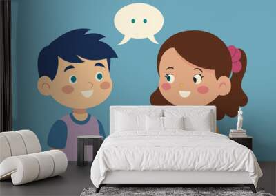 Two cartoon children chatting happily with a speech bubble overhead Wall mural