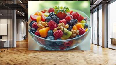 A vibrant fruit salad featuring a mix of berries, kiwi, melon, and walnuts, topped with a fresh strawberry, served in a clear glass bowl. Wall mural