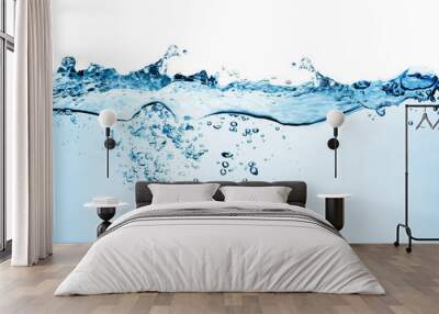 blue water surface with splash, waves and air bubbles on white background Wall mural