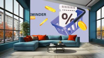 Coupon up to 50% off black rips floating in air with coin. all on  blue background.gift voucher 50% discount on shopping.summer offer ends weekend holiday.Big sale and super sale coupon code discount Wall mural