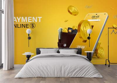 online payment via mobile phone.Coin drop in smartphone on yellow background. Shopping through your smartphone without having to carry cash. Pay online through an online wallet on your smartphone. Wall mural