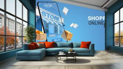 Shopping Online on Website or Mobile Application Vector Concept Marketing and Digital marketing.Online shopping store with mobile , credit cards and shop elements.Vector illustration. Wall mural