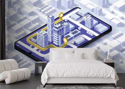 vector illustration of smartphone with mobile navigation app on screen. route map with symbols showi Wall mural