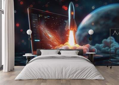 rocket launch for PC/ Laptop illustration, illustration of a rocket flying from the laptop screen,launching space rocket from laptop screen Wall mural