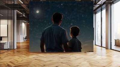 A father with his son looking at the sky, filled with bright stars and a full moon, happy father day Wall mural