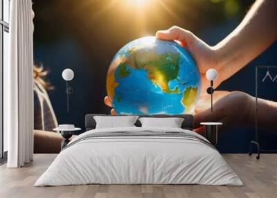 Children hands holding glowing world globe, sunny day, world earth day, save earth Wall mural