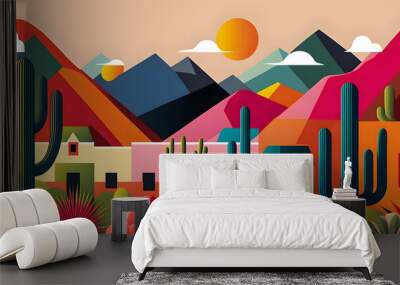 Mexico landscape, flat design illustration, mexican summer, Generative AI Wall mural