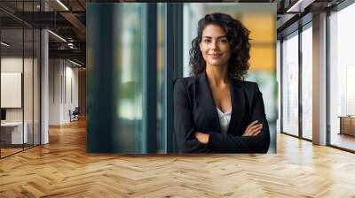 a smiling business woman with arms crossed facing a glass door, in the style of immaculate perfectionism, youthful protagonists, tenwave, indigenous culture, exacting precision Wall mural