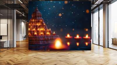 A beautiful temple with glowing diyas in the foreground, set against a deep indigo-to-black gradient sky, with shimmering stars. Copy space, Indian traditional festival happy Diwali Wall mural