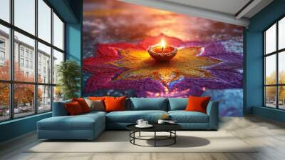 a colorful Indian style rangoli design on ground with a single diya placed in center, night time, Diwali close up shot cinematic, bright lighting, diwali background, copy space --no dull lighting Wall mural