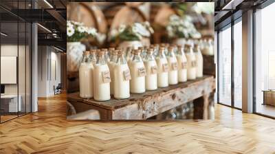 A dairy farm's fresh milk delivery setup, with glass bottles filled with creamy milk and handwritten labels displayed on a rustic wooden table  Wall mural