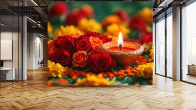 A single diya nestled in a rich arrangement of red roses and yellow marigolds, set on a deep green and orange rangoli, low level angle, copy space, happy Diwali background, traditional, Indian  Wall mural