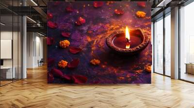 A single diya surrounded by deep red and yellow marigold petals, with glitters and sparkles in air, on a rich purple rangoli, low level angle, copy space, happy Diwali background, traditional, Indian  Wall mural