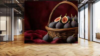 A traditional wooden basket filled with fresh figs on a rich burgundy studio backdrop, luxurious and moody with depth, copy space, figs, fruit basket, burgundy backdrop, food Wall mural