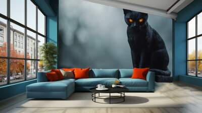 Close-up of a sinister-looking black cat figurine with glowing eyes, set against a dark, moody background with hints of fog and eerie light, Copy space, happy Halloween special background, spooky  Wall mural