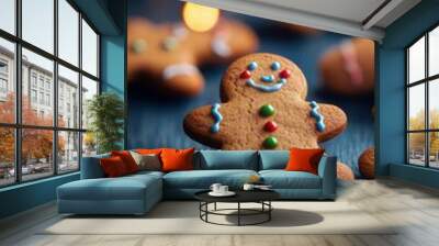 Gingerbread men cookies with colorful icing, sitting on a wooden table with a deep navy background and glowing Christmas bokeh, copy space, Merry Christmas background, festive cookie display Wall mural