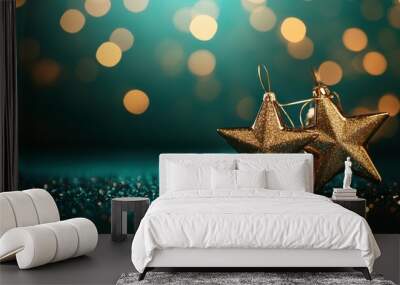 Gold star ornaments sitting atop a mint table with a deep teal background and shimmering light accents, copy space, Merry Christmas background, festive star decor, holiday event backdrop. Wall mural