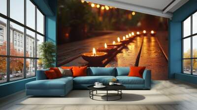 Row of flickering diyas on a wooden deck, with the background of a festive home decorated with lights and traditional Diwali decorations. Copy space, happy Diwali background, traditional, Indian  Wall mural