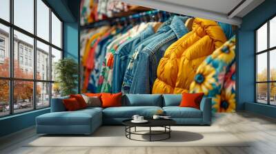 shot of clothes hanging in a clothing store, funky street wear styles of clothes, realistic, bright  Wall mural