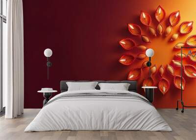 Traditional Indian lamps arranged in a circular pattern, on a gradient of warm orange to deep red, glowing in the soft evening light. Copy space, Indian traditional festival happy Diwali background Wall mural