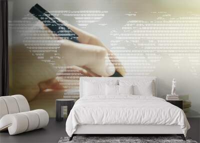 Abstract creative digital world map and woman hand writing in diary on background, globalization concept. Multiexposure Wall mural