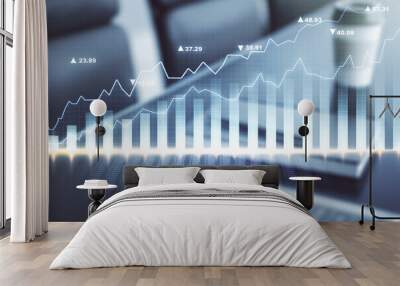 Abstract creative financial graph on modern laptop background, forex and investment concept. Multiexposure Wall mural