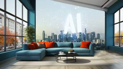 Abstract virtual artificial Intelligence symbol hologram on Los Angeles skyline background. Multiexposure Wall mural