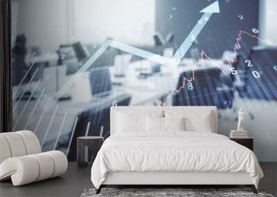 Abstract virtual financial graph and upward arrow hologram on a modern furnished classroom background, financial and trading concept. Multiexposure Wall mural