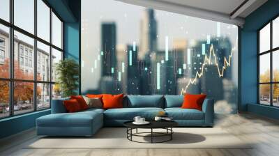 Abstract virtual financial graph hologram on blurry skyline background, forex and investment concept. Multiexposure Wall mural