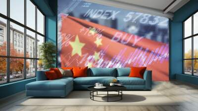 Abstract virtual financial graph hologram on flag of China and blurry cityscape background, forex and investment concept. Multiexposure Wall mural