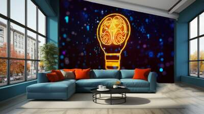 Abstract virtual idea concept with light bulb and human brain illustration on blue background. Neural networks and machine learning concept. 3D Rendering Wall mural