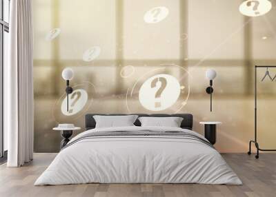 Abstract virtual question mark sketch on empty room interior background, FAQ and research concept. Double exposure Wall mural