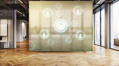 Abstract virtual social network hologram on modern interior background. Double exposure Wall mural