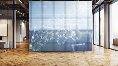 Abstract virtual wireless technology hologram with hexagon on modern interior background, artificial intelligence and machine learning concept. Multi exposure Wall mural