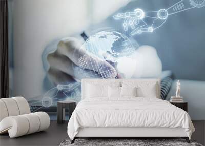 Creative abstract robotics technology hologram with globe and man hand writing in diary on background, artificial intelligence and machine learning concept. Multi exposure Wall mural