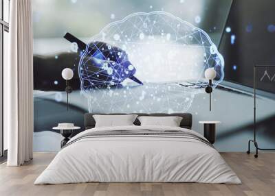 Creative artificial Intelligence concept with human brain sketch and hand writing in diary on background with laptop. Double exposure Wall mural