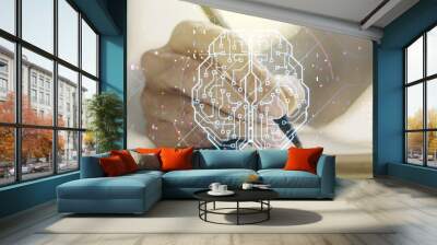 Creative artificial Intelligence concept with human brain sketch and woman hand writing in diary on background. Double exposure Wall mural