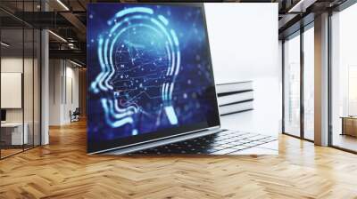 Creative artificial Intelligence concept with human head hologram on modern laptop screen. 3D Rendering Wall mural